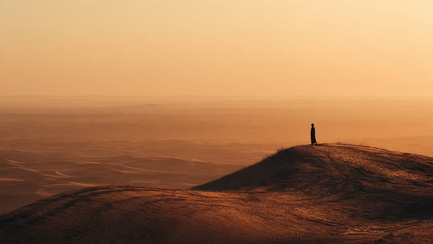 Silhouette contemplant l'horizon du désert